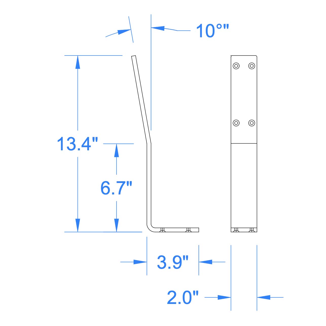 technical drawing showing dimensions of aluminum bench backrest brackets