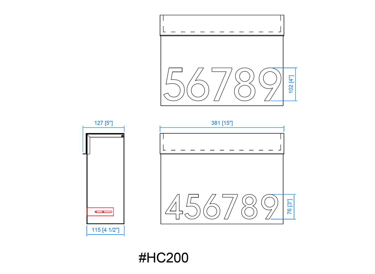 HC200 wall mounted mailbox dimensions diagram with measurements and mounting details