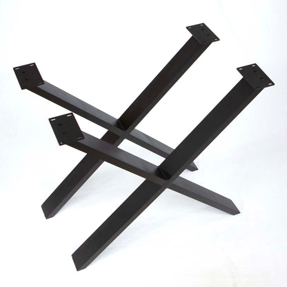 side angle view of black metal wishbone table legs showing angled support design