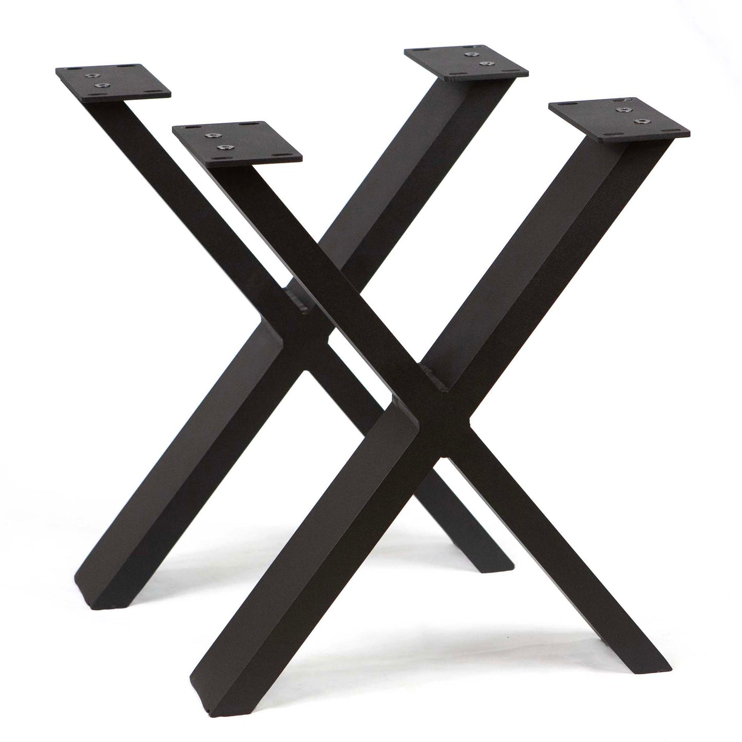 Black powder-coated aluminum X-shaped outdoor bench legs with a pair of pre-drilled holes for 2x4 lumber compatibility.