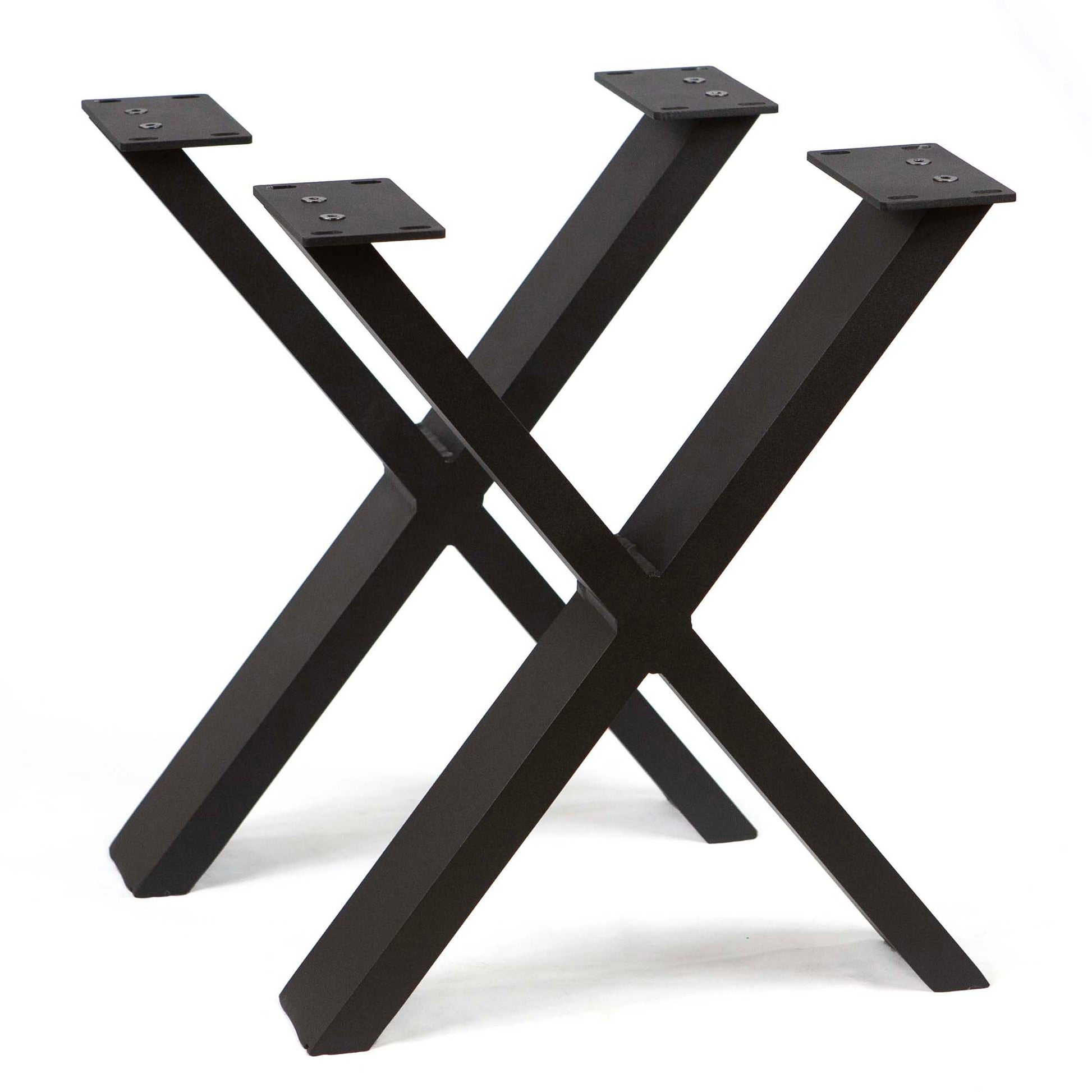 Black powder-coated aluminum X-shaped outdoor bench legs with a pair of pre-drilled holes for 2x4 lumber compatibility.