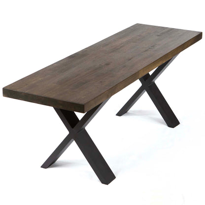 Rusty Design black wishbone bench table legs supporting a solid wood tabletop
