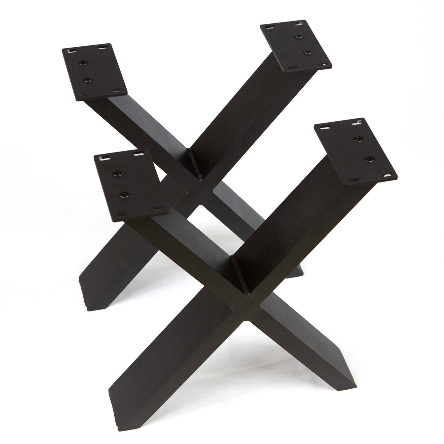 angled view of black metal wishbone bench table legs with modern industrial design
