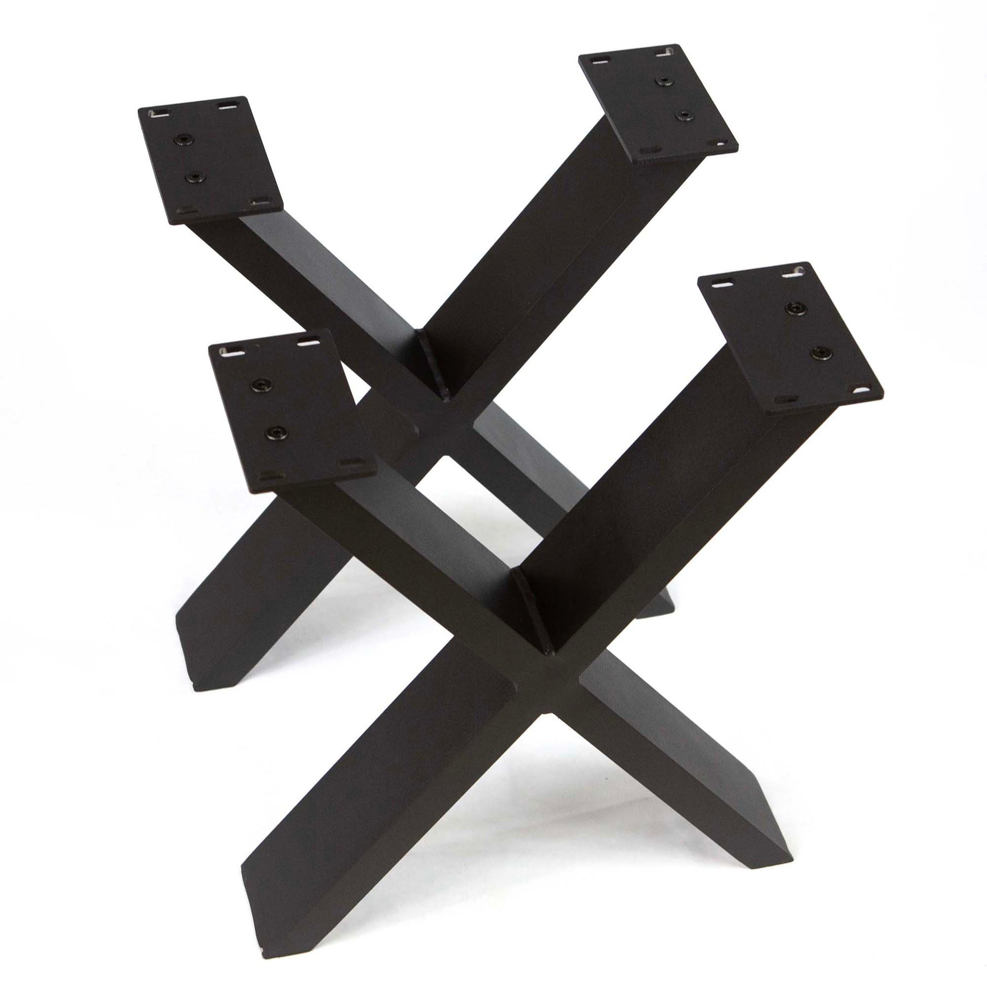 angled view of black metal wishbone bench table legs with modern industrial design