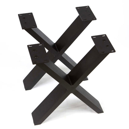 angled view of black metal wishbone bench table legs with modern industrial design