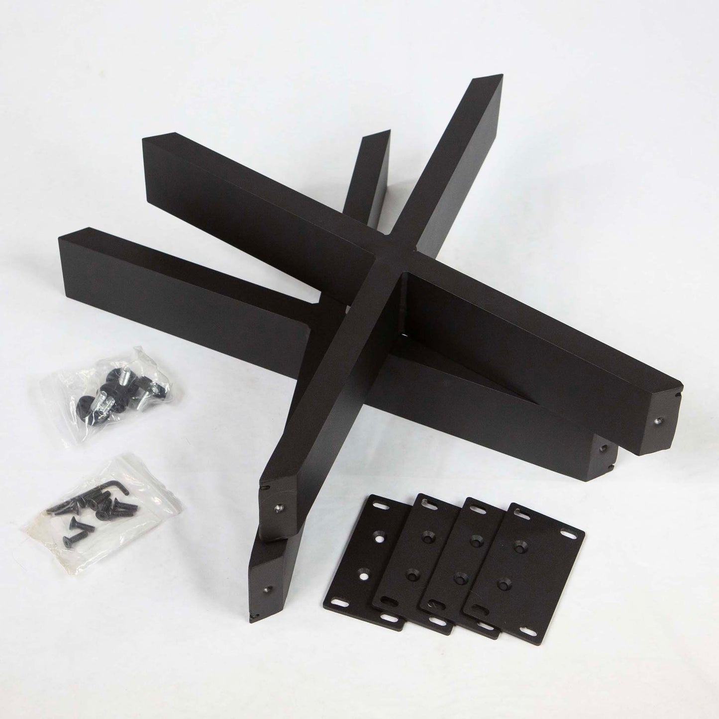 wishbone bench table legs with mounting plates and installation hardware on white background