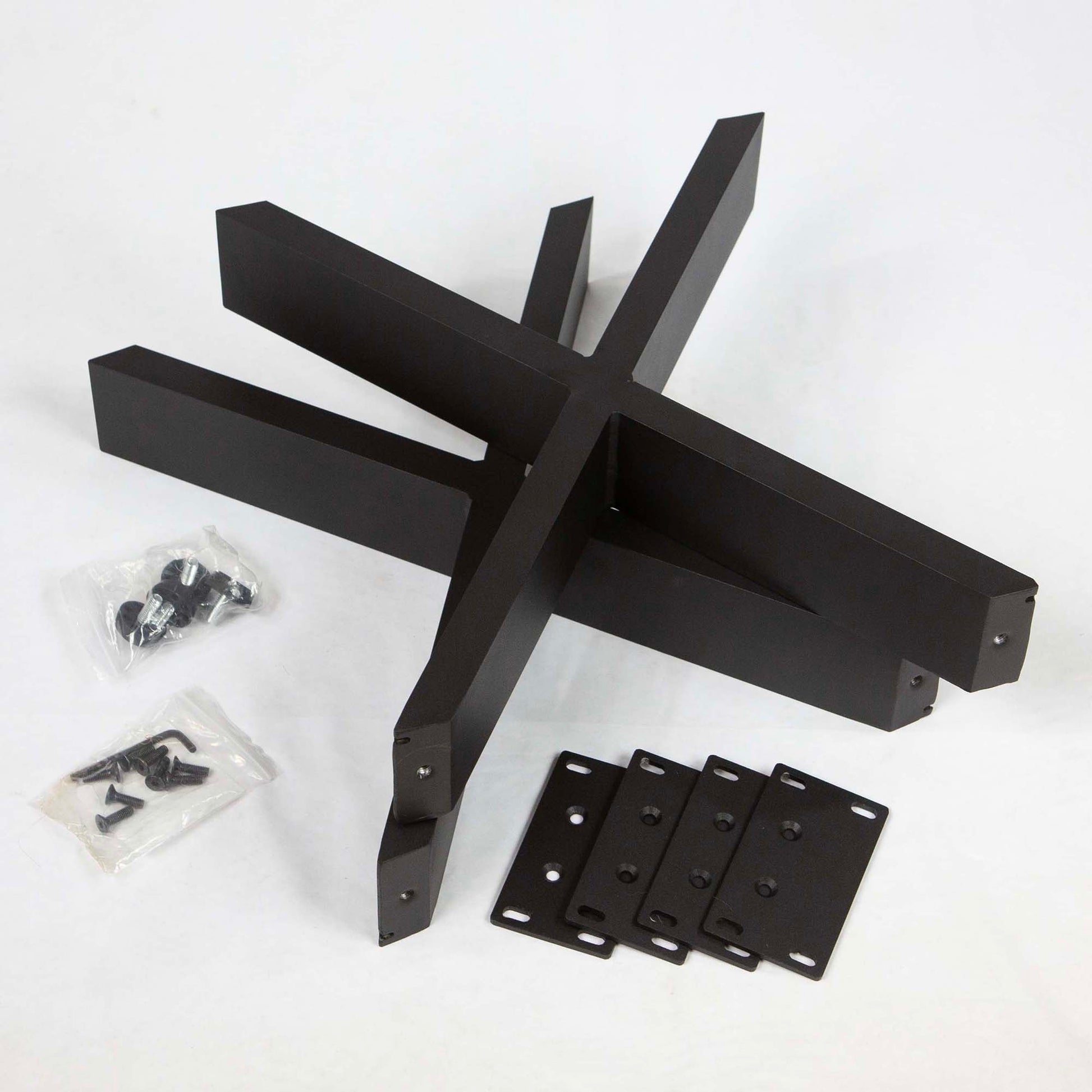 wishbone bench table legs with mounting plates and installation hardware on white background