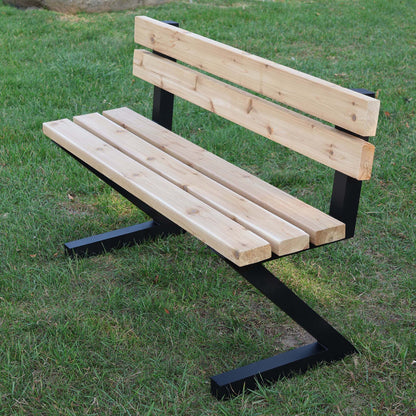 A015 outdoor wooden bench supported by black zig zag aluminum legs with integrated backrest