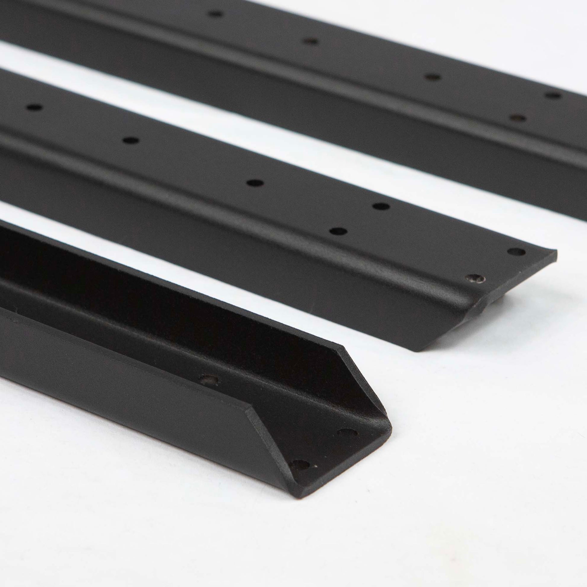 Set of three aluminum outdoor bench cleats with black powder coating, rust free bench seat support brackets