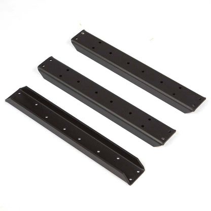 Close-up of aluminum outdoor bench cleats with reinforced bent edges and pre-drilled mounting holes, black powder coated finish