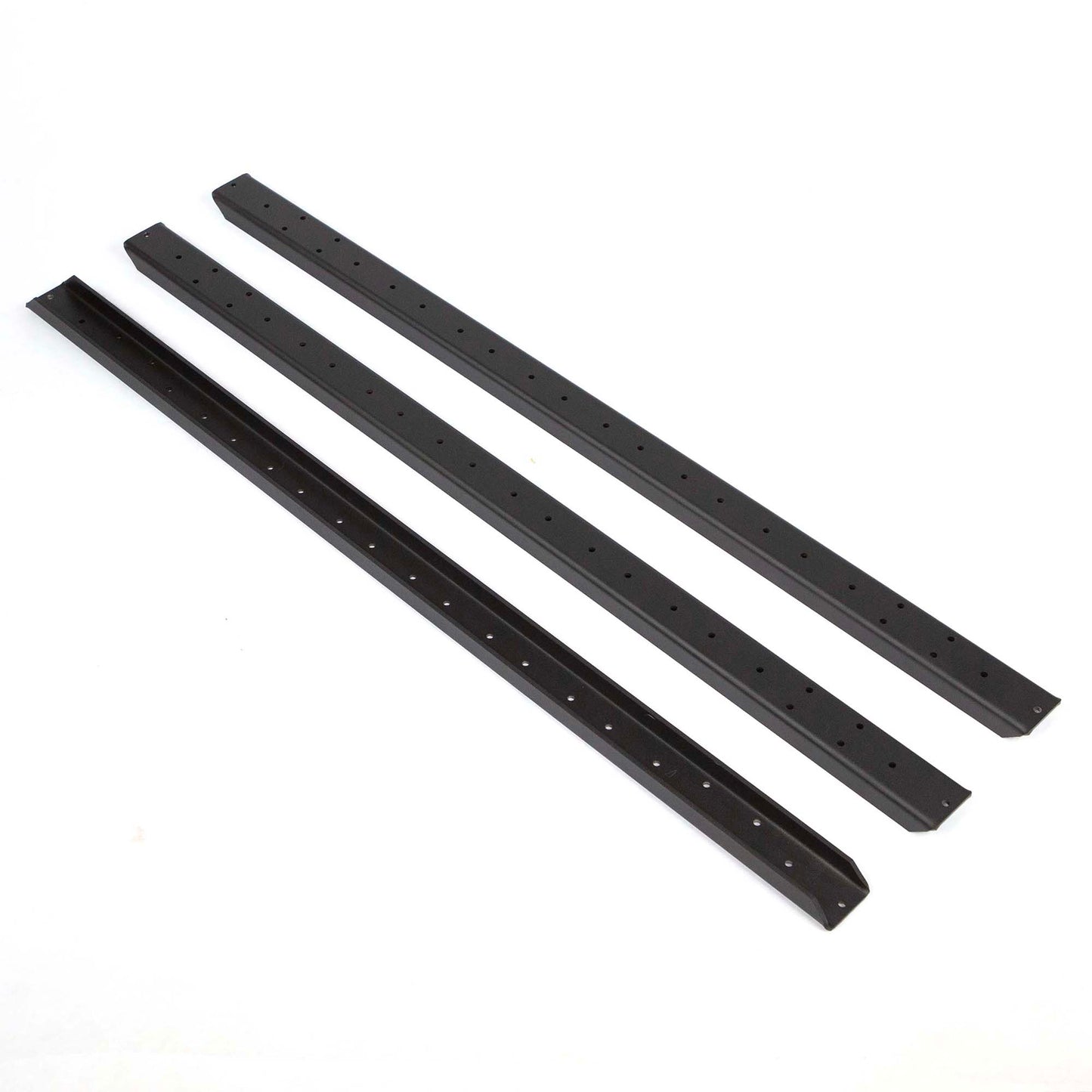 Close-up of aluminum outdoor table cleats with reinforced bent edges and pre-drilled mounting holes, black powder coated