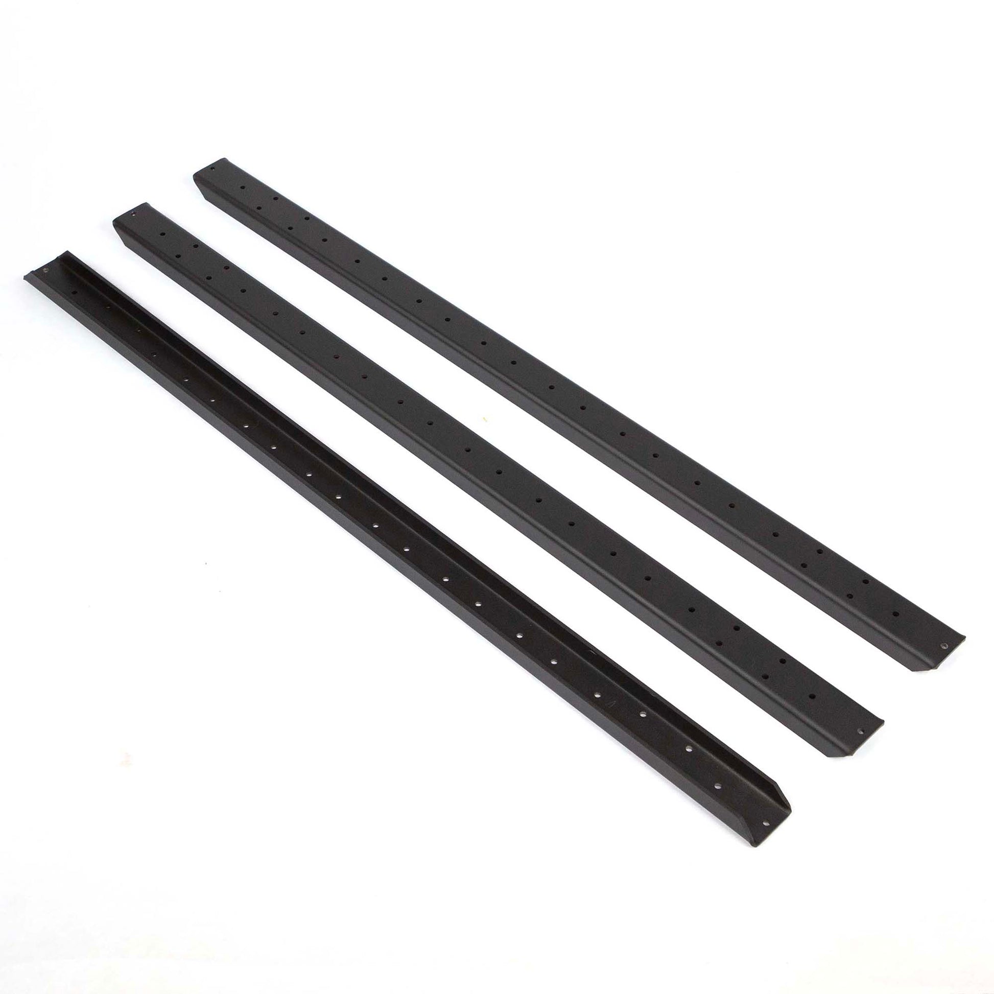 Close-up of aluminum outdoor table cleats with reinforced bent edges and pre-drilled mounting holes, black powder coated