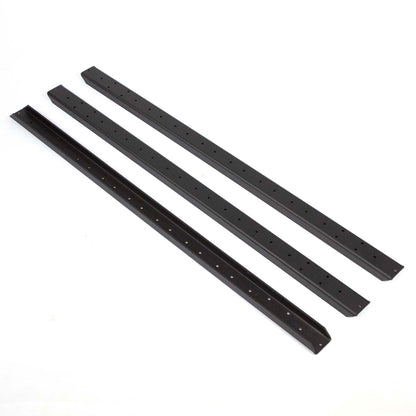 Close-up of aluminum outdoor table cleats with reinforced bent edges and pre-drilled mounting holes, black powder coated