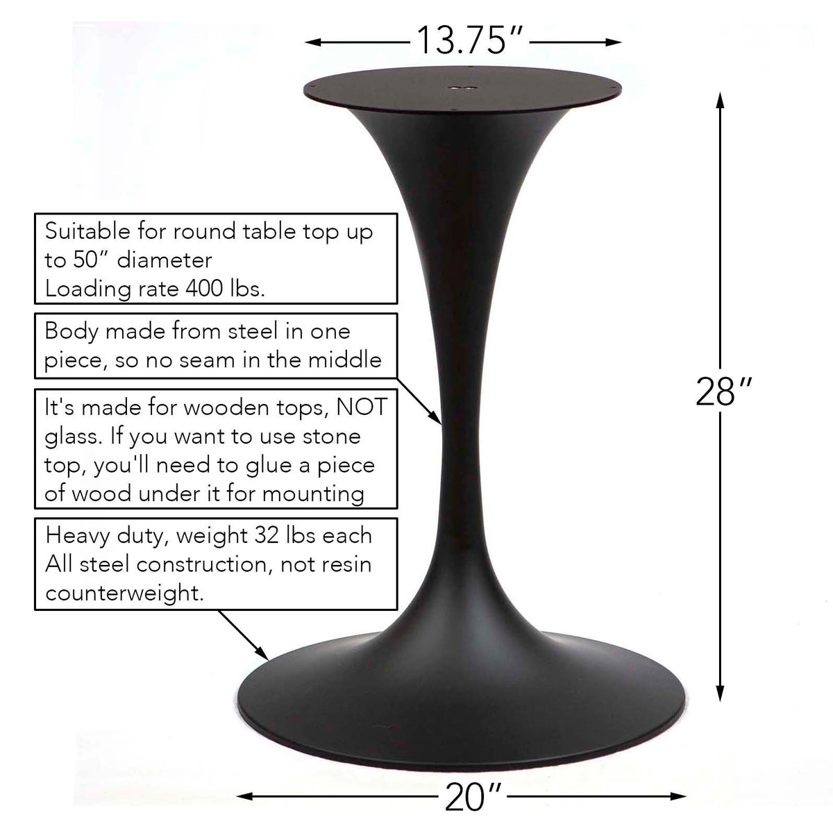 Tulip-Shaped Round Dining Table Base, White Powder Coated #LK2028W