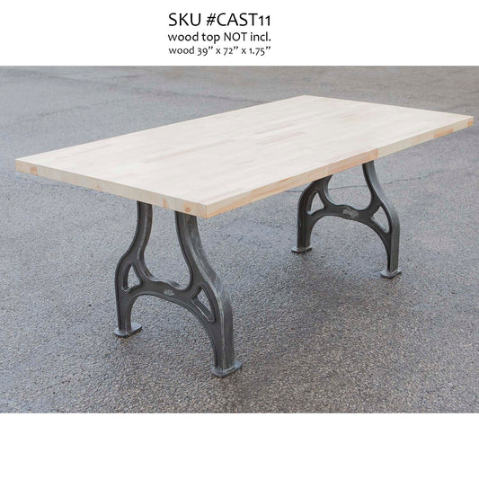 Cast iron table legs installed with rectangular wood tabletop, industrial dining table base, wood top not included