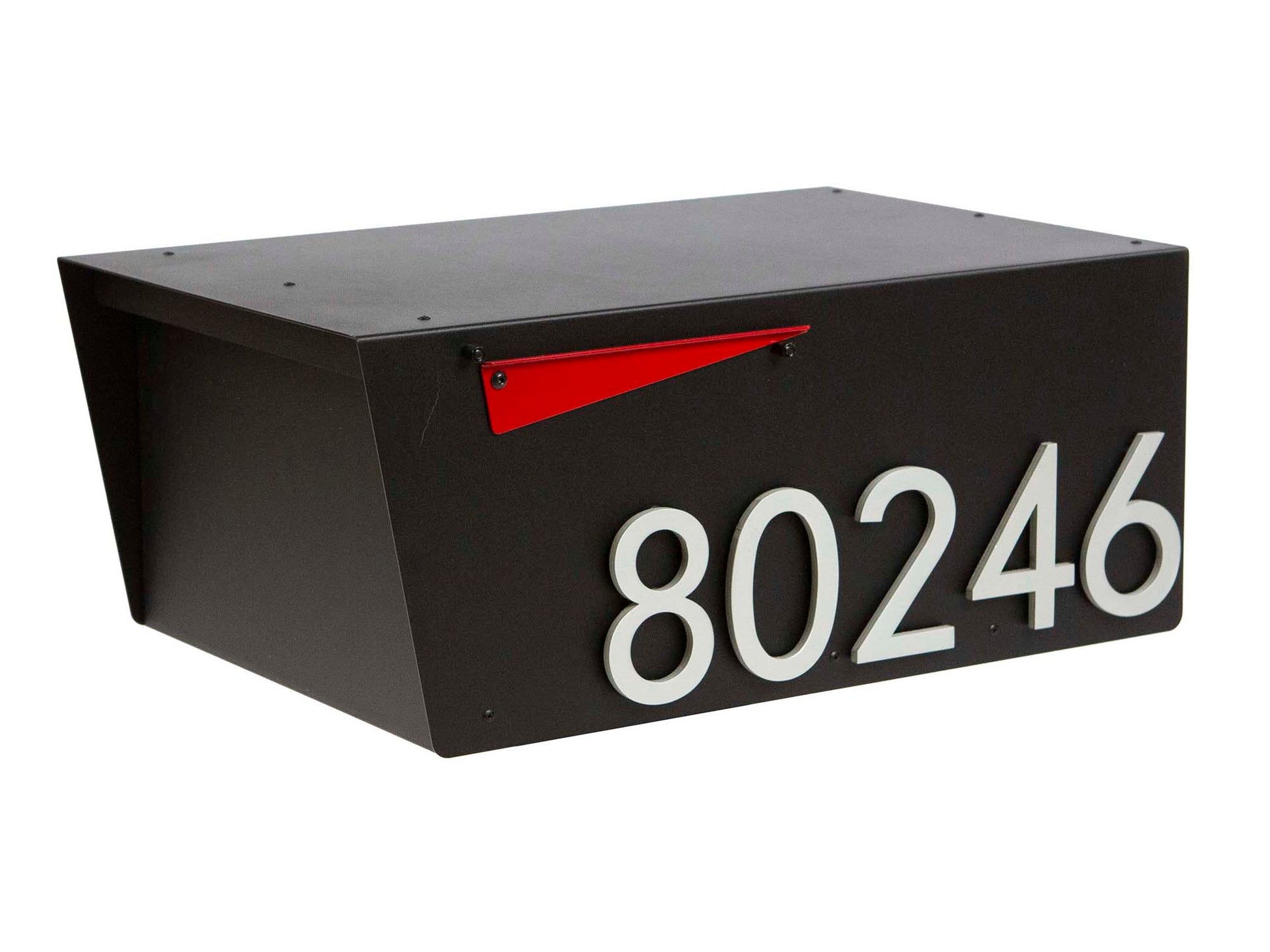 HC120 modern black mailbox with brushed metal house numbers mounted on front
