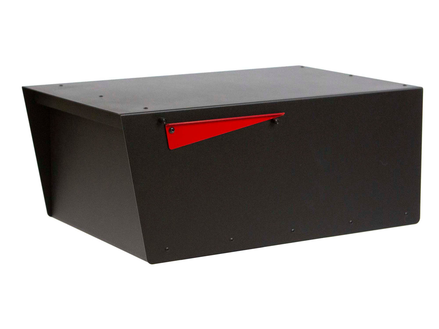 HC120 modern black metal mailbox with red flag, angled front view