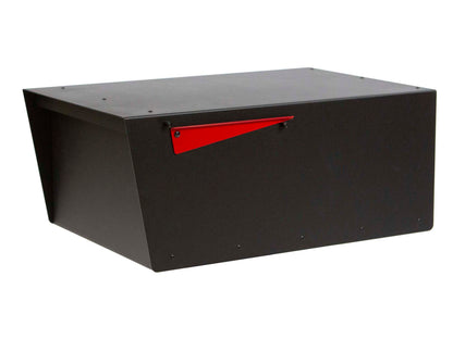 HC120 modern black metal mailbox with red flag, angled front view
