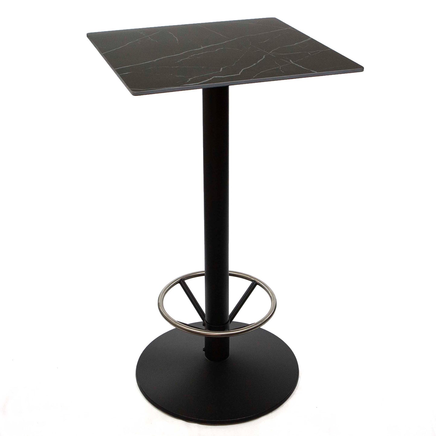 24" x 24" black sintered stone bar height bistro table with footrest