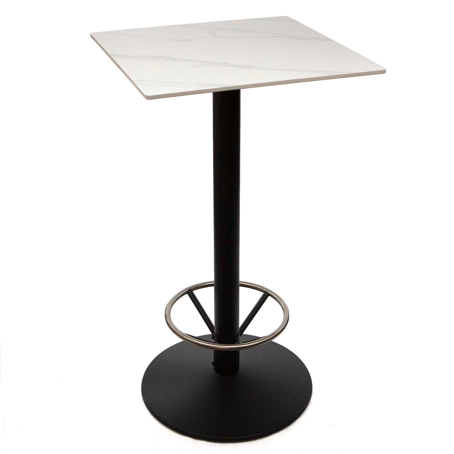 24" x 24" white sintered stone bar height bistro table with footrest