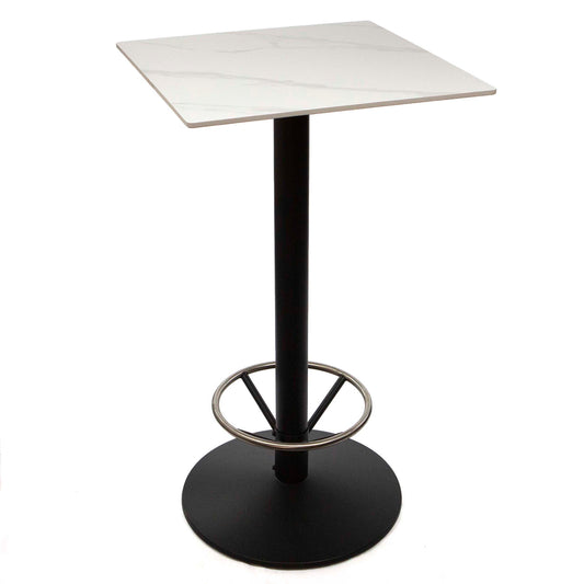 24" x 24" white sintered stone bar height bistro table with footrest