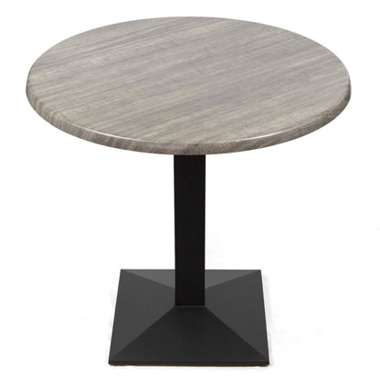 Round table with gray marble top and black square base on a white background