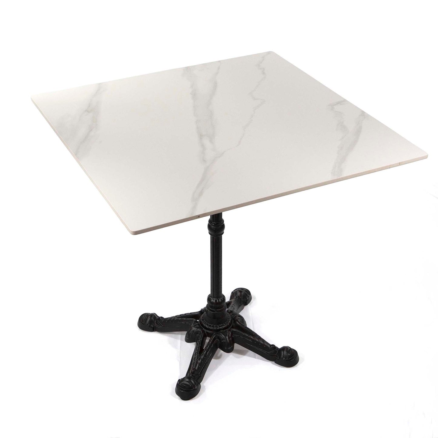 Small table with marble-like top and black metal base on a white background