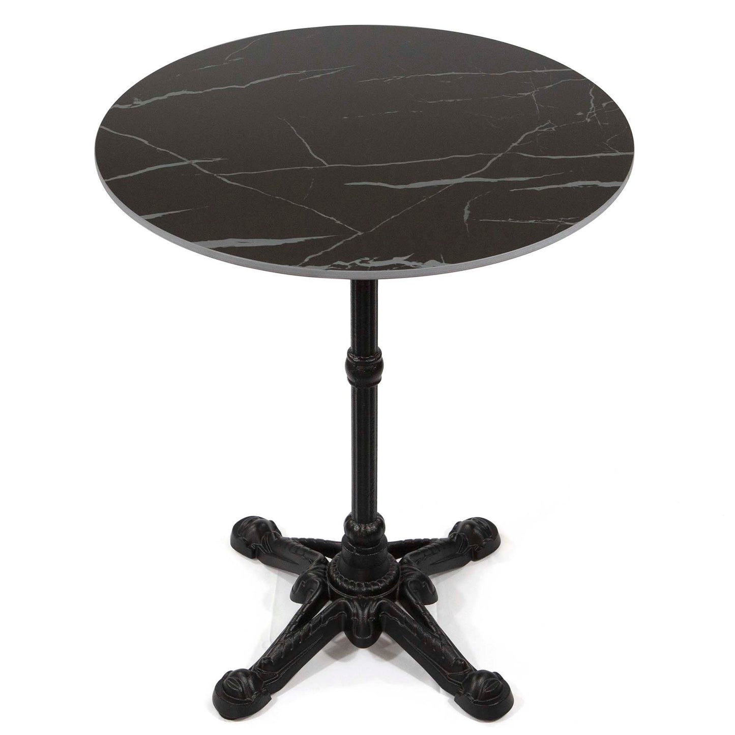 Round black marble table with a black metal base on a white background