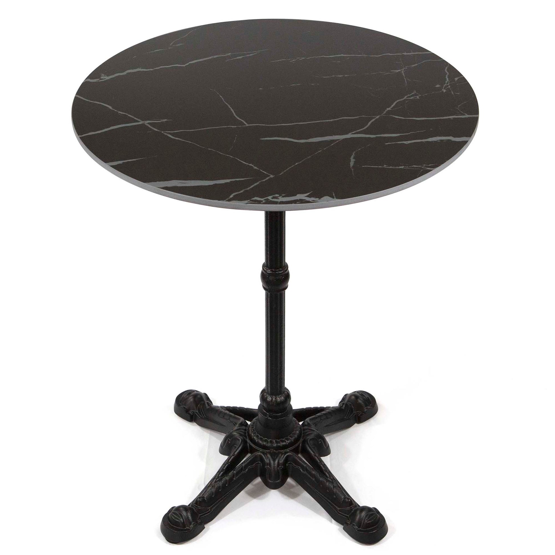 Round black marble table with a black metal base on a white background