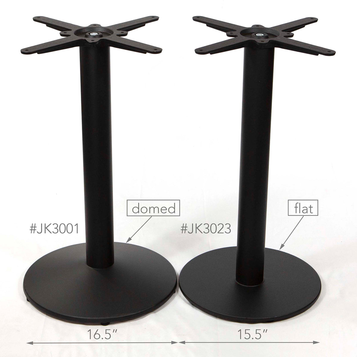 Two black metal table legs shown on a white background, labeled as domed (#JK3001) and flat (#JK3023), with width measurements of 16.5 inches and 15.