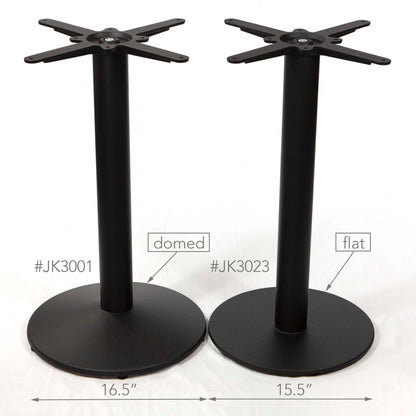 Two black metal table legs shown on a white background, labeled as domed (#JK3001) and flat (#JK3023), with width measurements of 16.5 inches and 15.