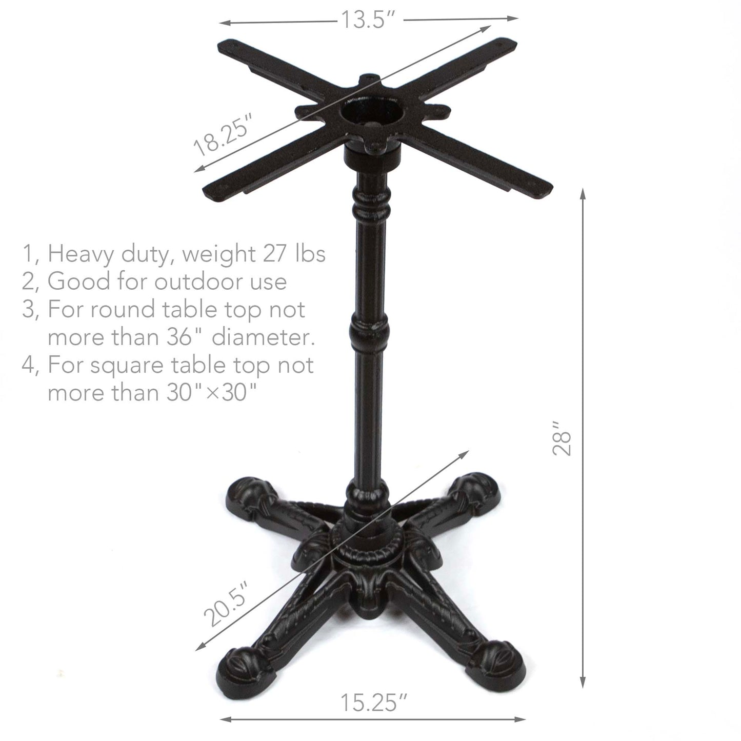 Black metal table base with dimensions and specifications on a white background