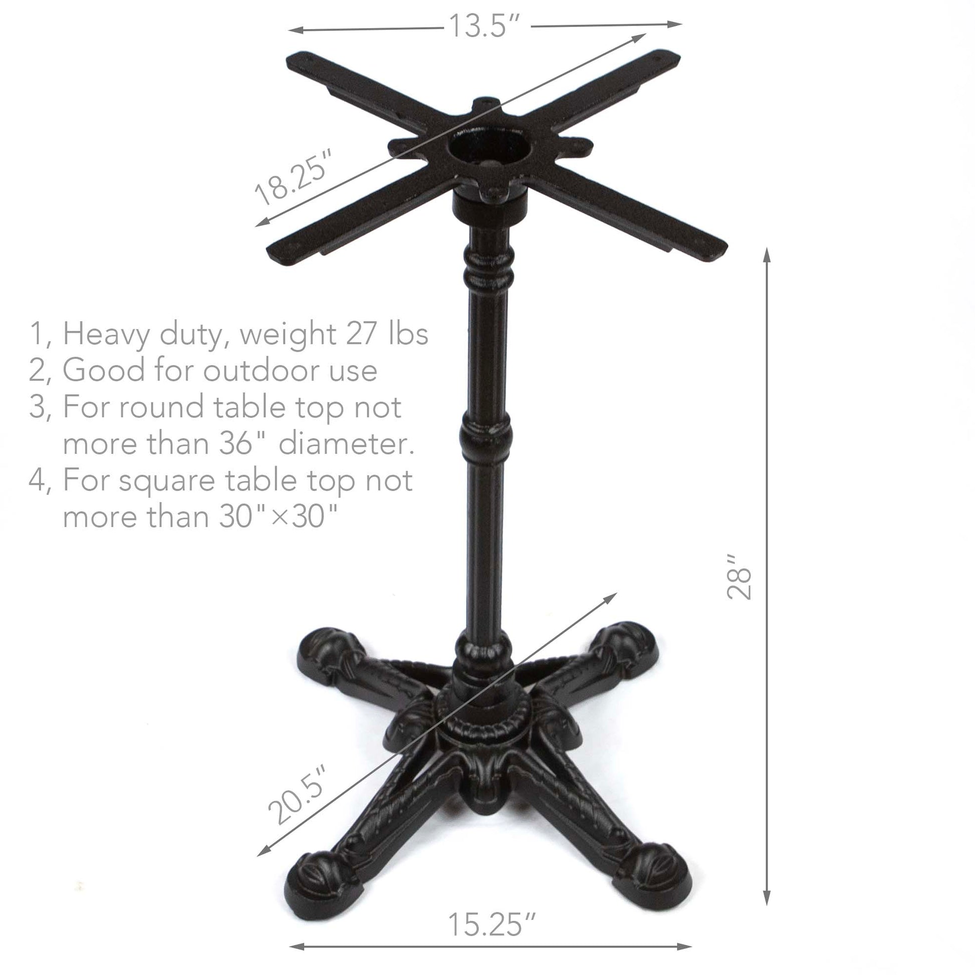 Black metal table base with dimensions and specifications on a white background