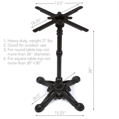 Black metal table base with dimensions and specifications on a white background