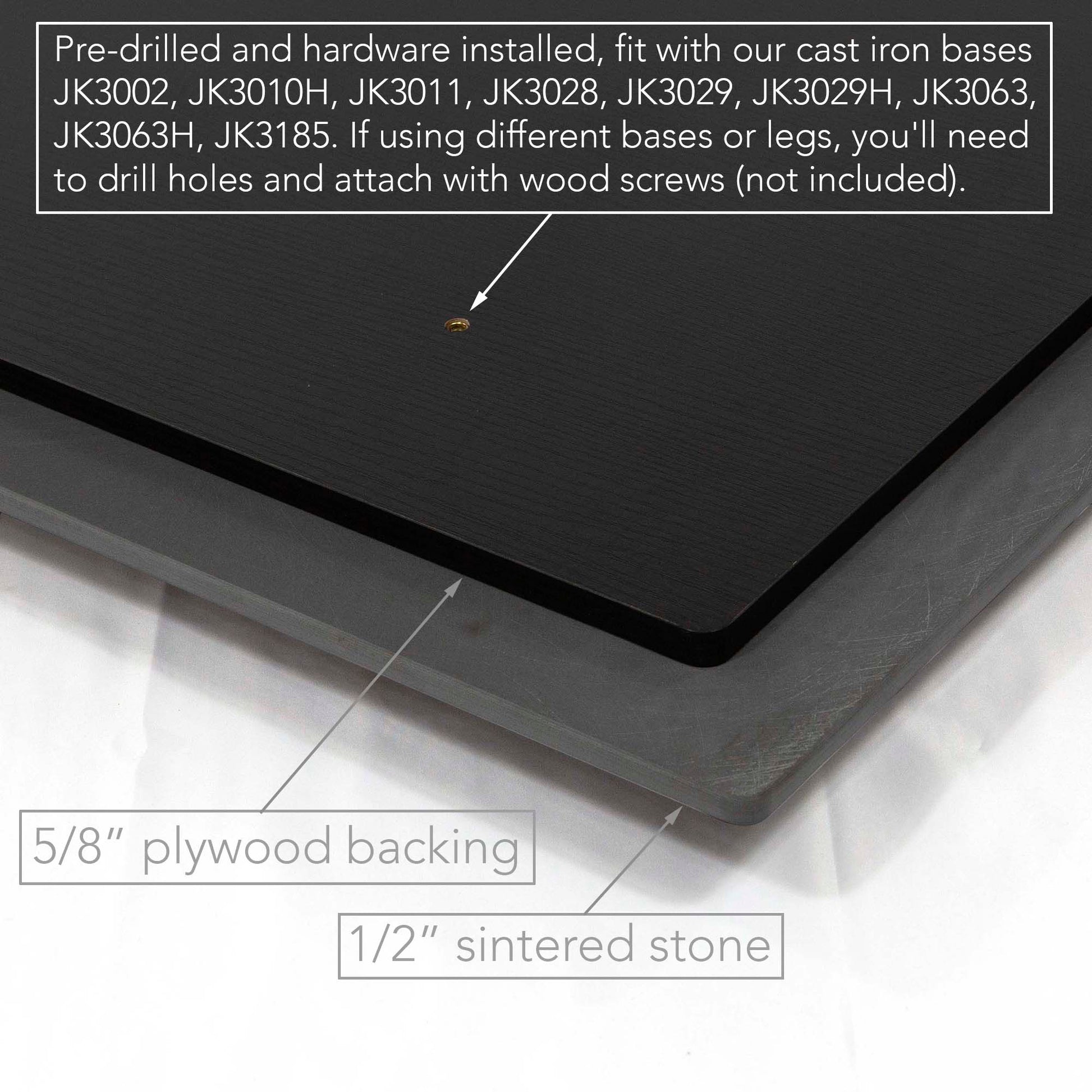 Black stone countertop with text detailing installation information and material specifications.
