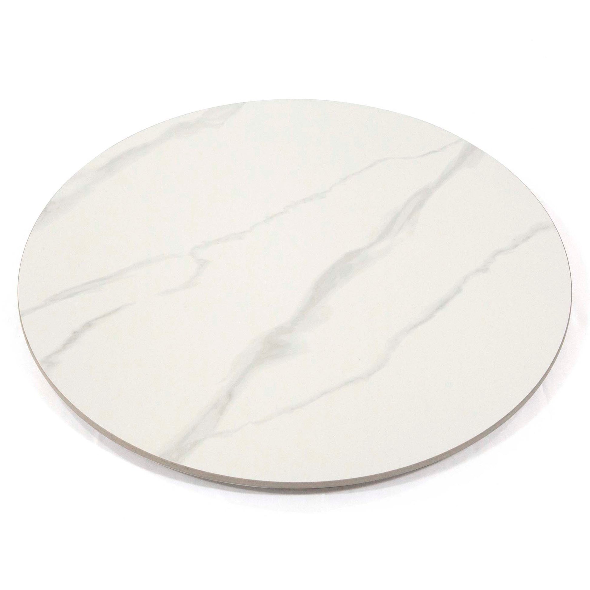 Round white plate with grayish-white marbled pattern on a white background