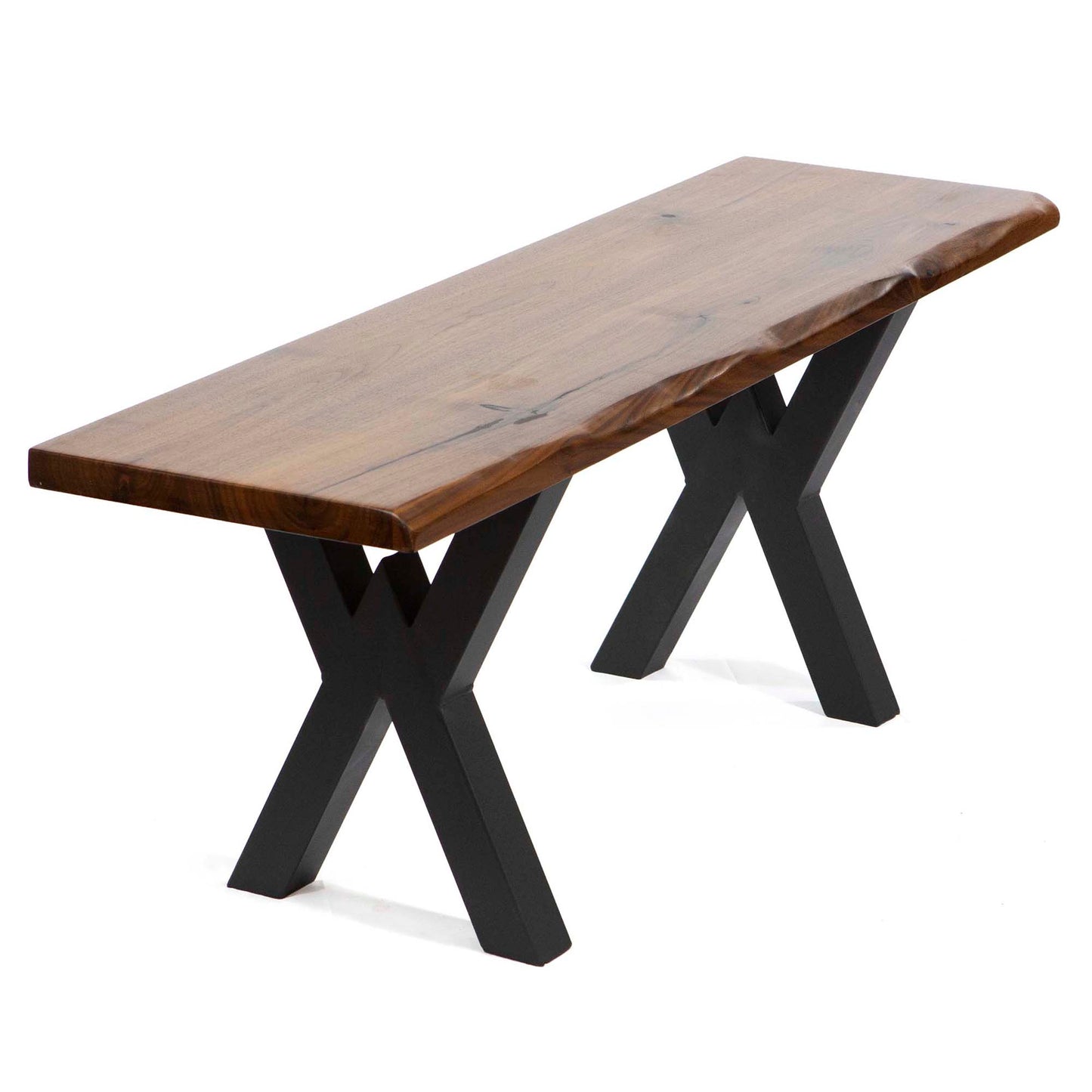 Wooden bench with black X-shaped legs on a white background