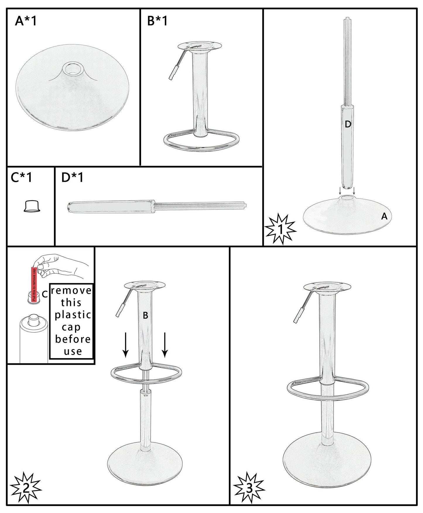 assembly diagram showing parts and installation steps for adjustable bar stool base