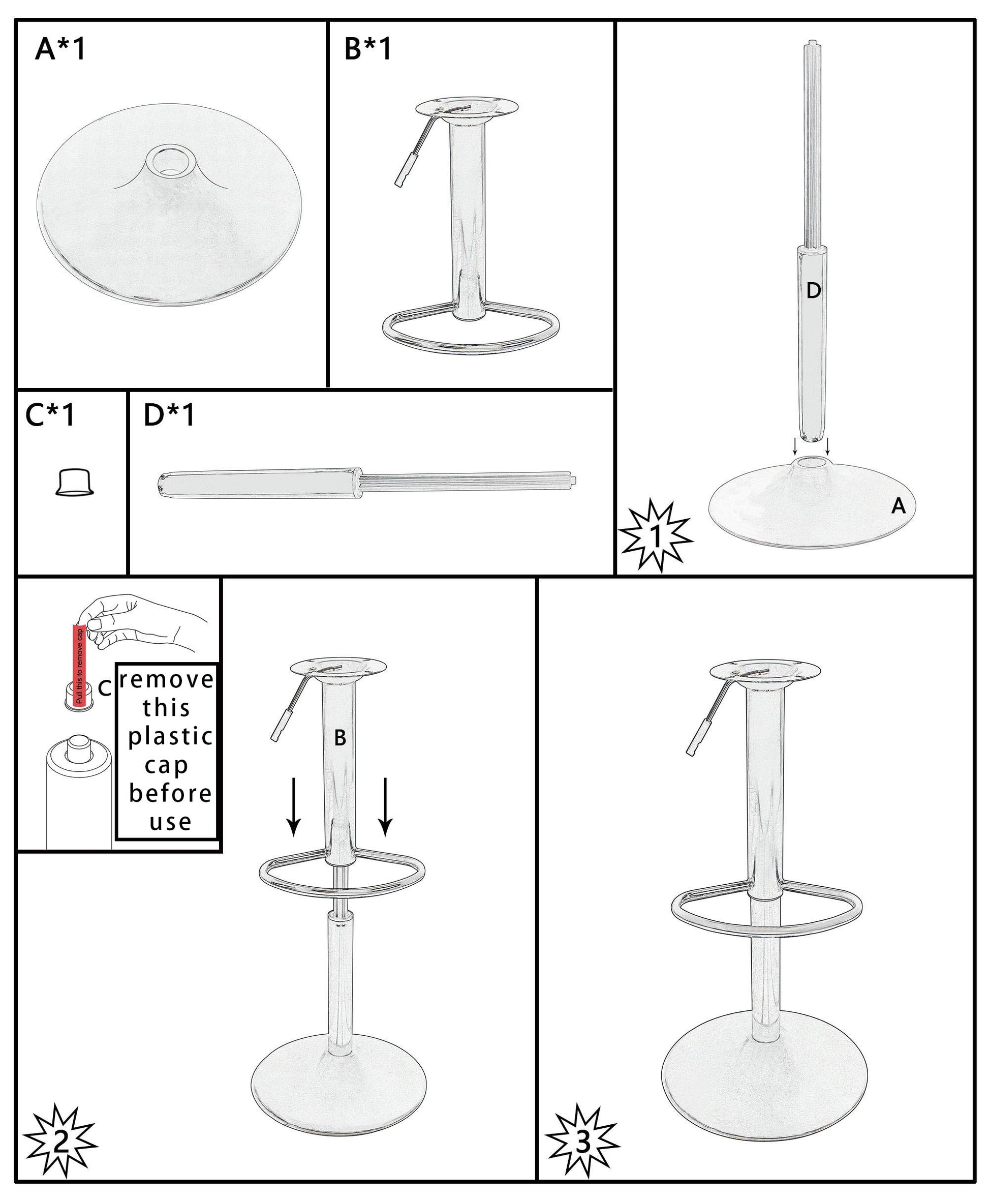 assembly diagram showing parts and installation steps for adjustable bar stool base