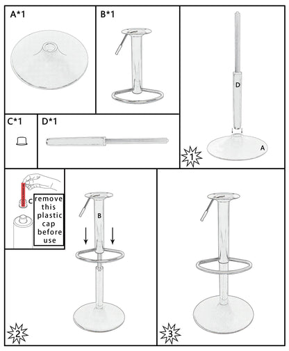 assembly diagram showing parts and installation steps for adjustable bar stool base