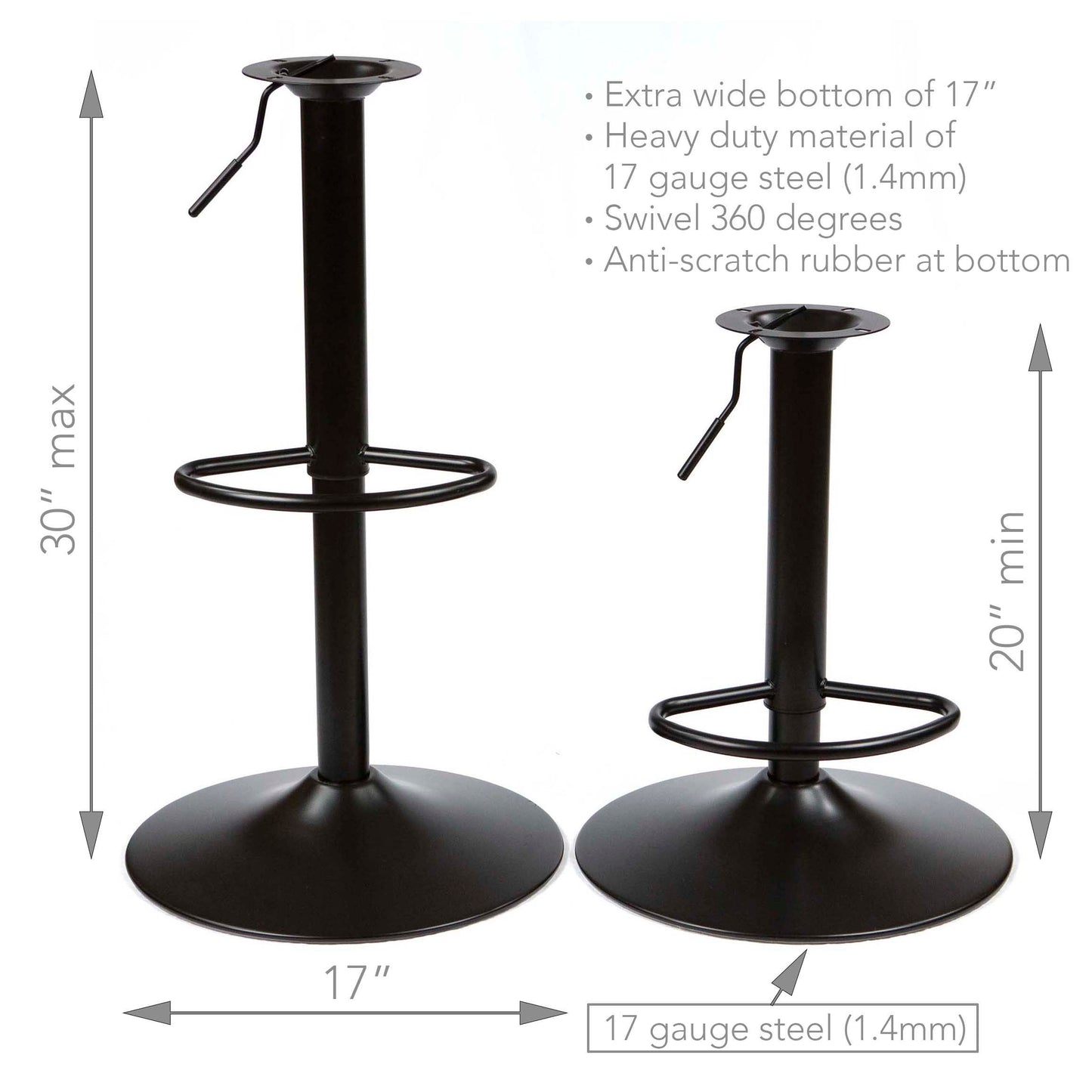 adjustable bar stool base showing height range base diameter and steel thickness