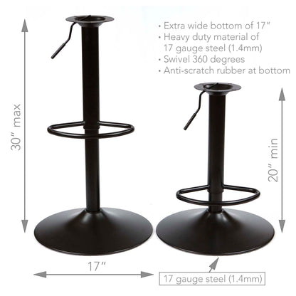 adjustable bar stool base showing height range base diameter and steel thickness