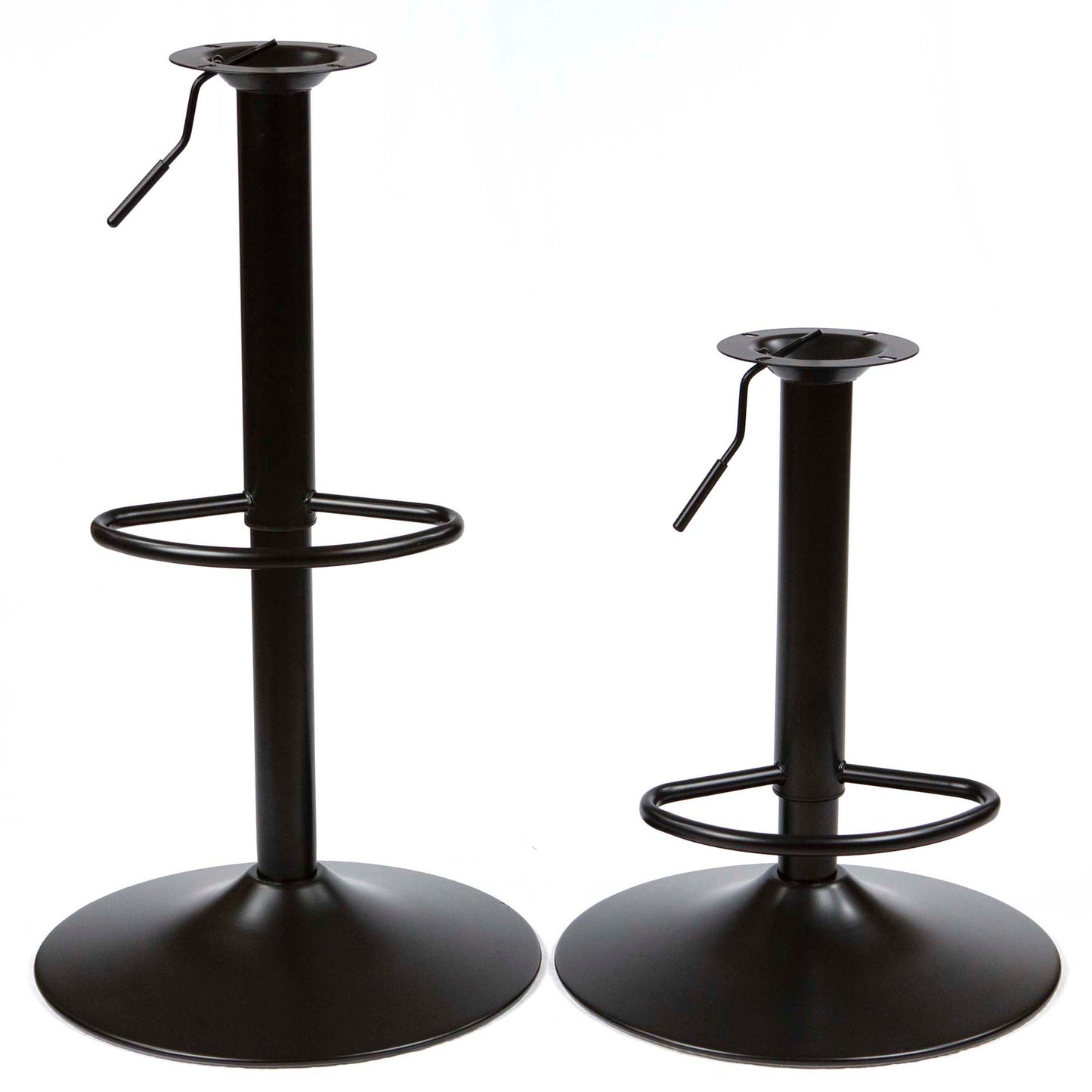 adjustable black metal bar stool bases shown at minimum and maximum height
#FT11