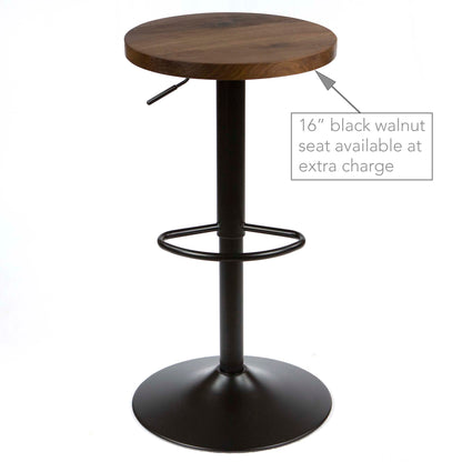 adjustable black metal bar stool base with round walnut wood seat installed