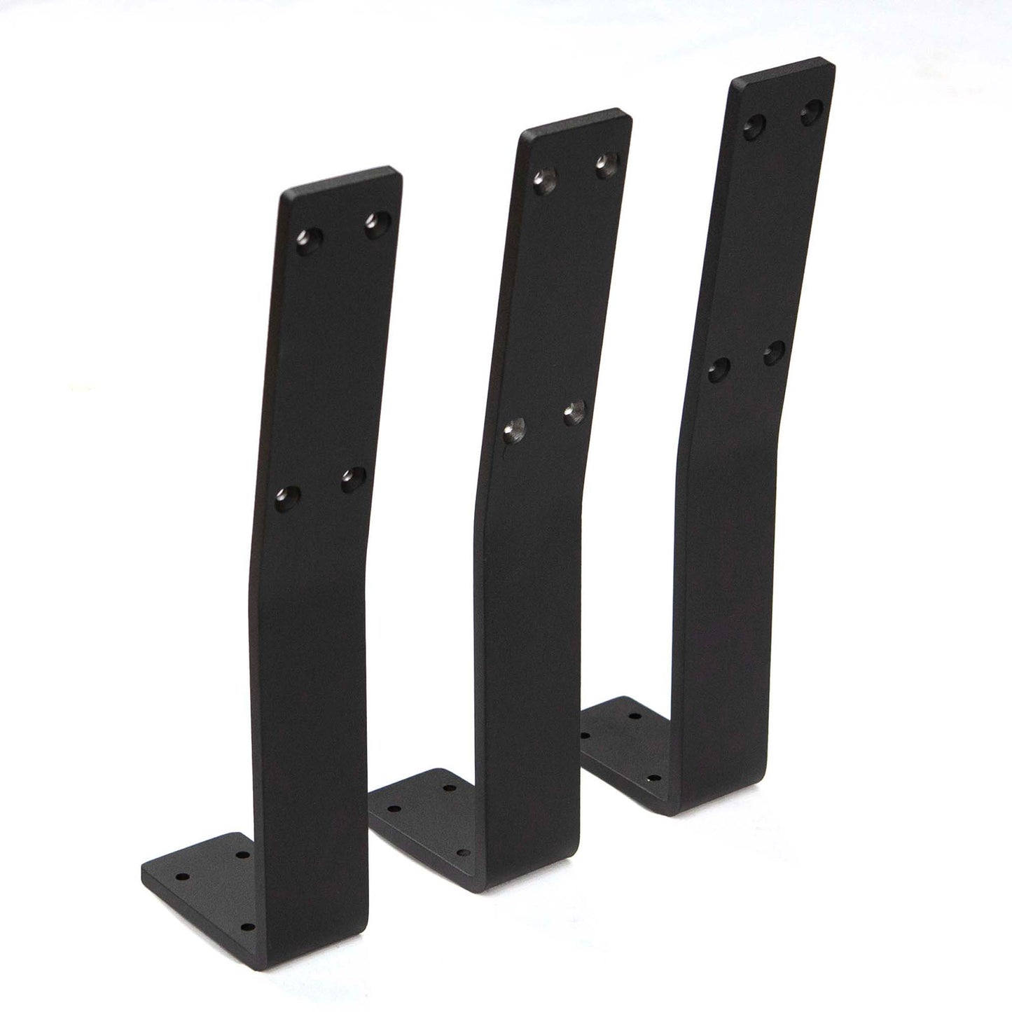angled view of black aluminum bench backrest brackets showing backrest tilt design
