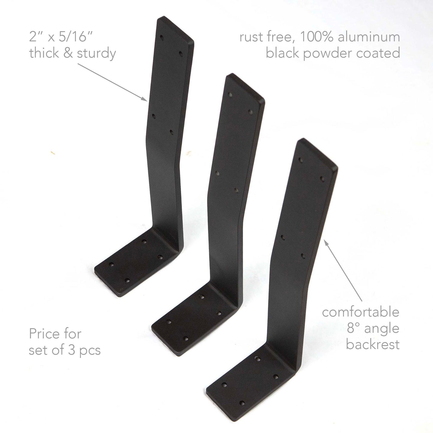 side view of curved aluminum bench backrest brackets with pre-drilled mounting holes