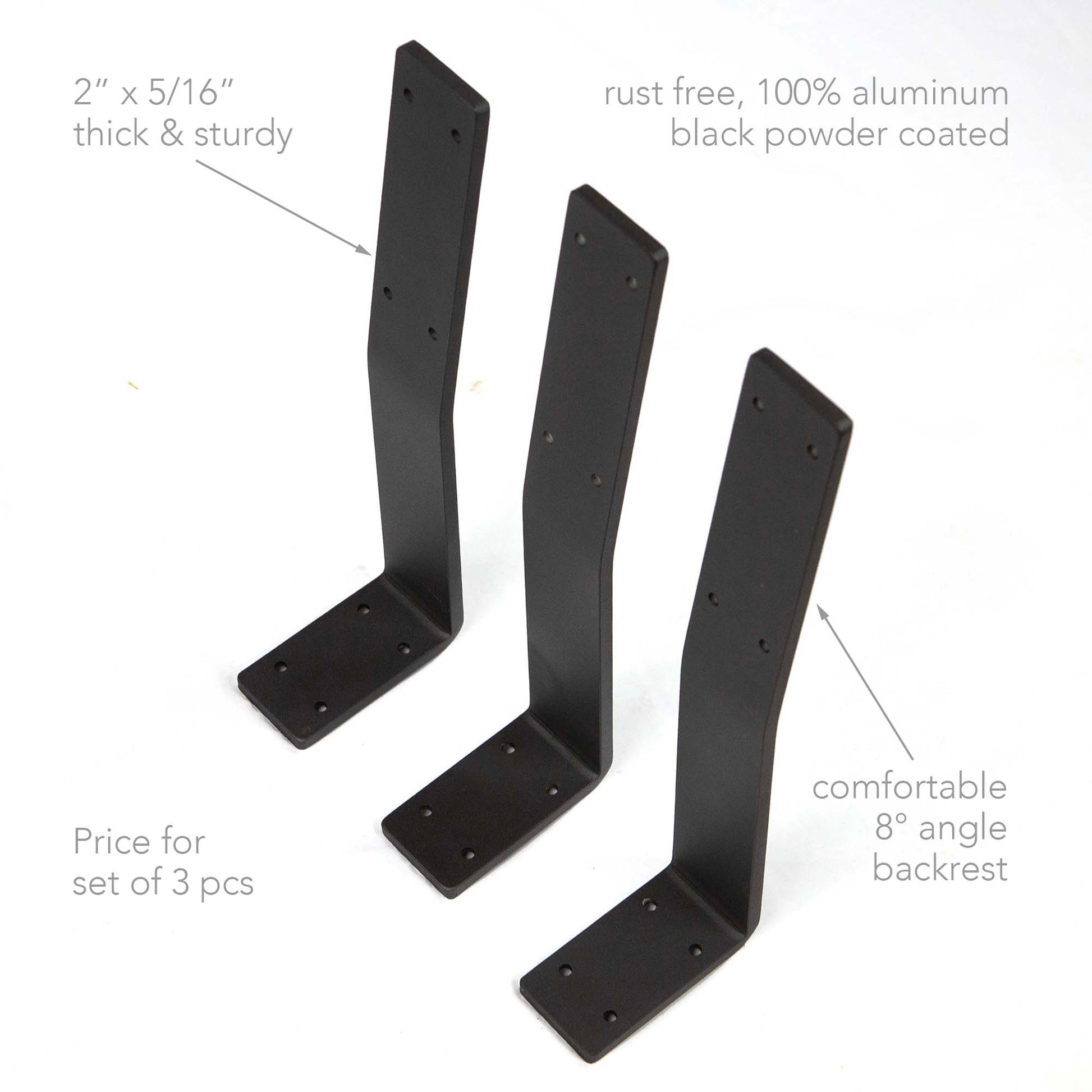 side view of curved aluminum bench backrest brackets with pre-drilled mounting holes