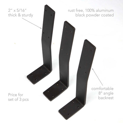 side view of curved aluminum bench backrest brackets with pre-drilled mounting holes