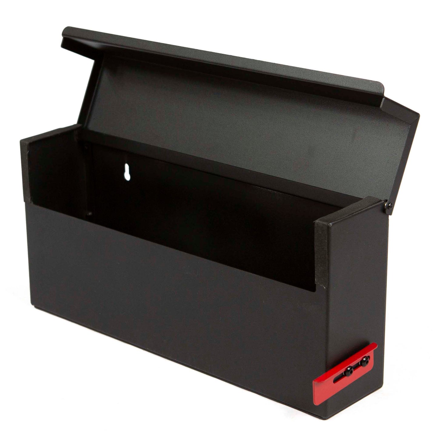 black metal wall mounted mailbox with open lid showing interior storage space