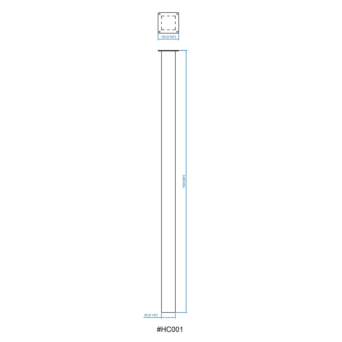 Technical drawing of HC004 mailbox post showing overall height and square tube dimensions for installation reference